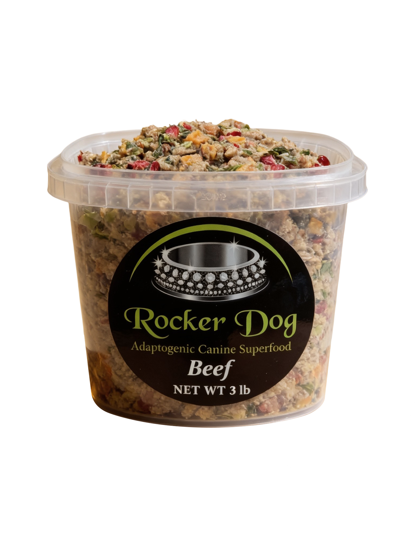 A clear 3 lb. tub of Rocker Dog's Beef dog food with visible chunks of ground beef, organic sweet potatoes, organic parsley, and organic cranberries.