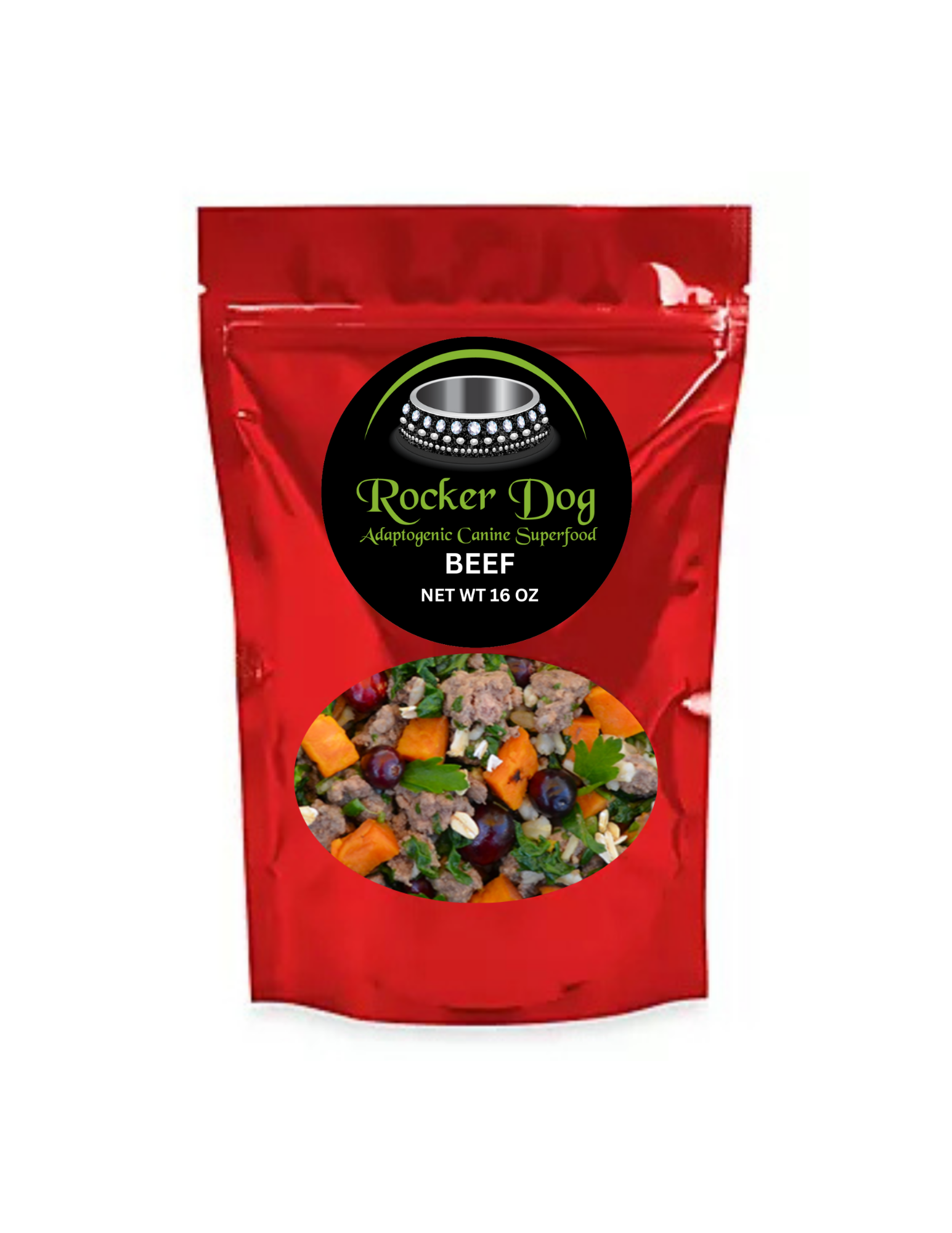 A red 16 oz. resealable bag of Rocker Dog's Beef dog food with visible chunks of ground beef, organic sweet potatoes, organic parsley, and organic cranberries.
