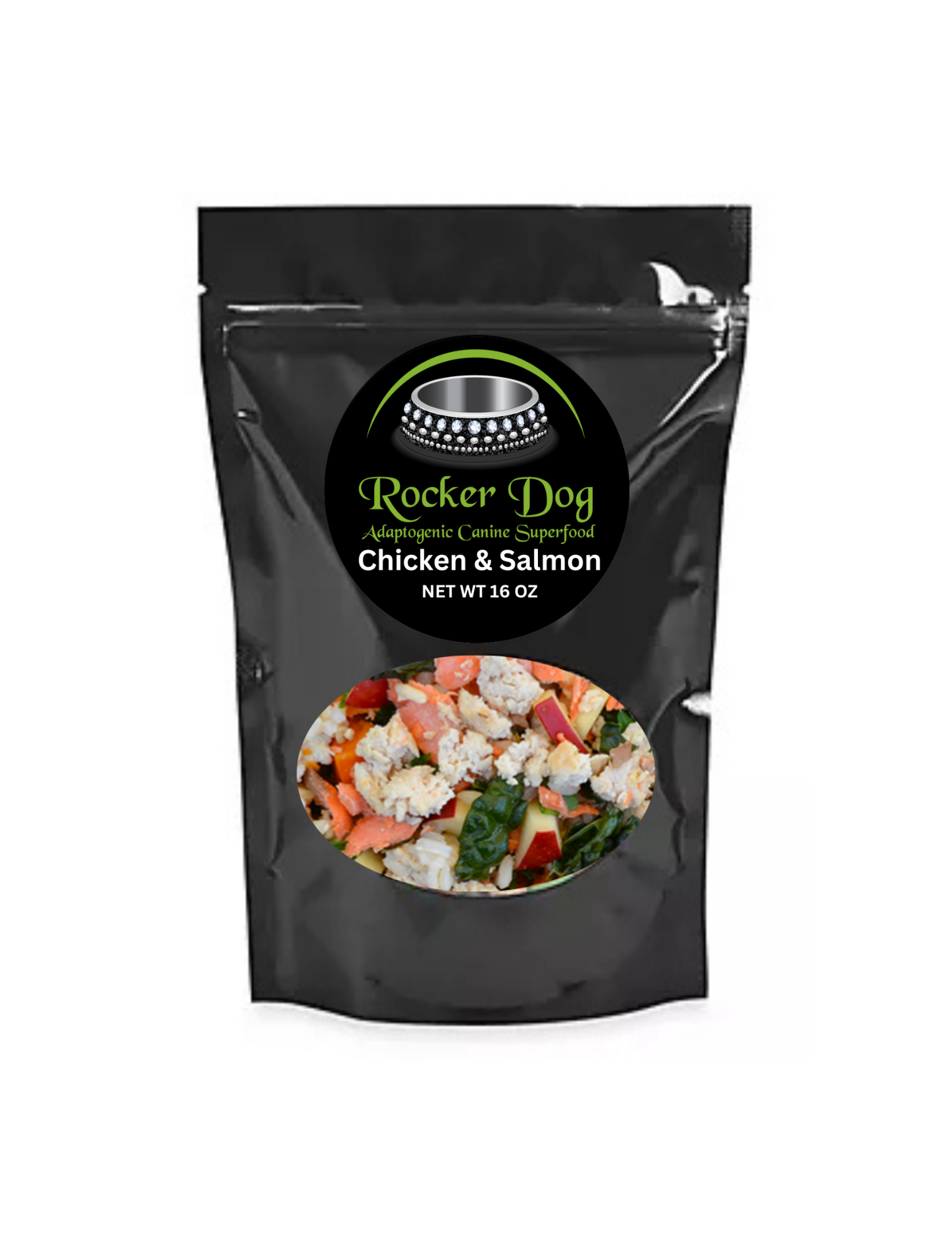 A black 16 oz. bag of Rocker Dog’s Organic Chicken & Wild Caught Salmon Dog Food with visible chunks of chicken, organic apples, organic kale, and more.