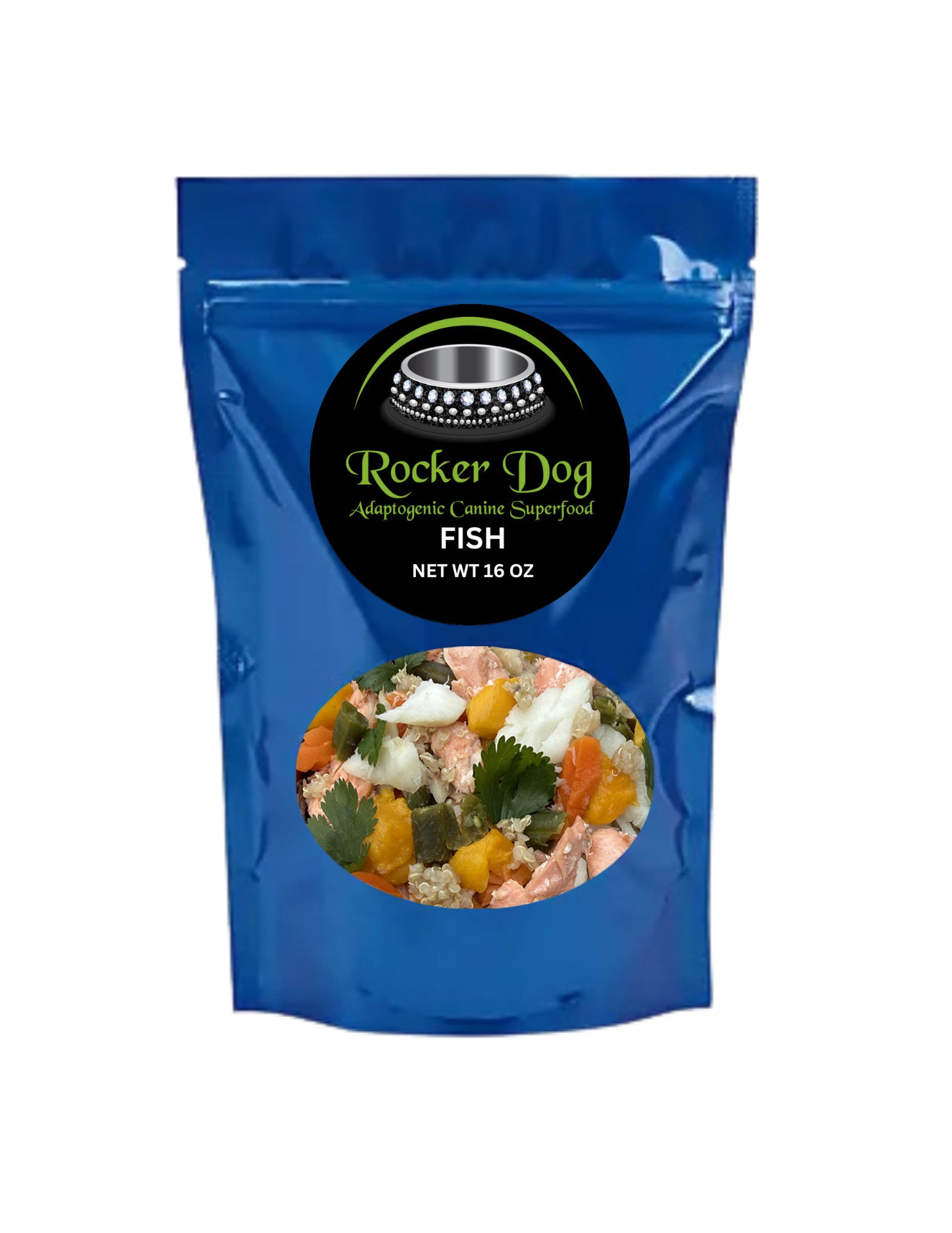 Front-facing image of Rocker Dog's 16 oz. Fish (Wild Caught Pollock & Salmon) fresh dog food bag, showcasing a gently cooked recipe with fresh and natural ingredients.
