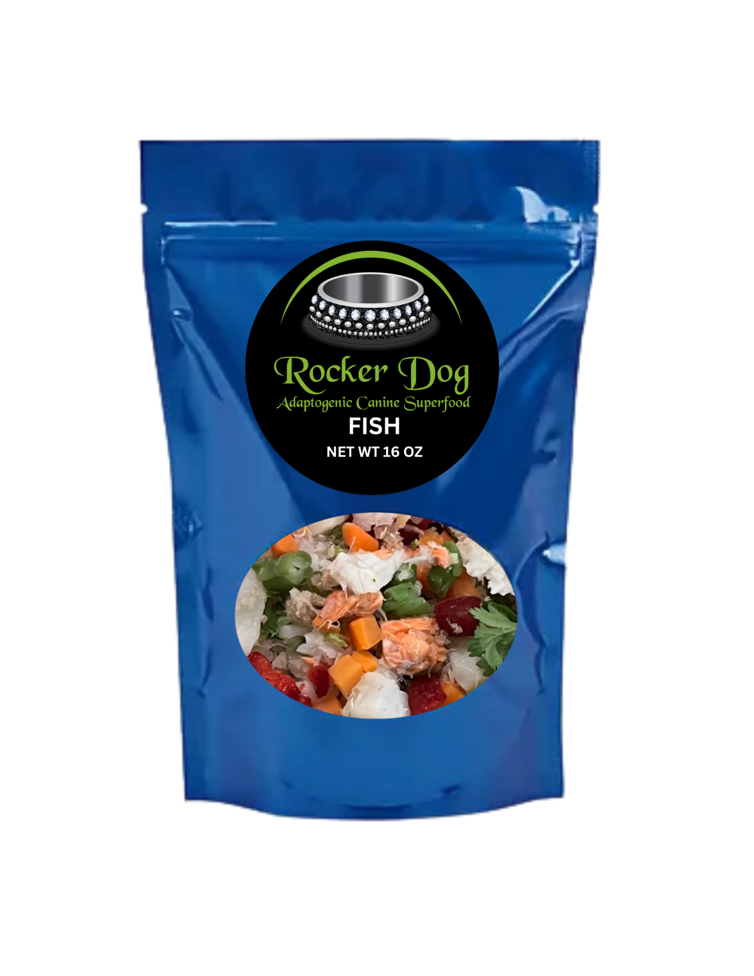 Front-facing image of Rocker Dog's 16 oz. Wild Caught Pollock & Salmon dog food bag, showcasing a gently cooked recipe with fresh and natural ingredients.