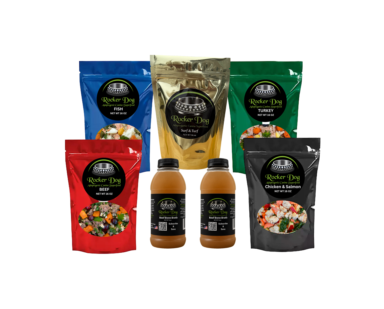 A Rocker Dog Variety Pack featuring five adaptogenic fresh dog food recipes - Beef, Turkey, Chicken & Salmon, Fish, and Surf & Turf, plus two 16 oz. bottles of Bad to the Bone Beef Bone Broth.