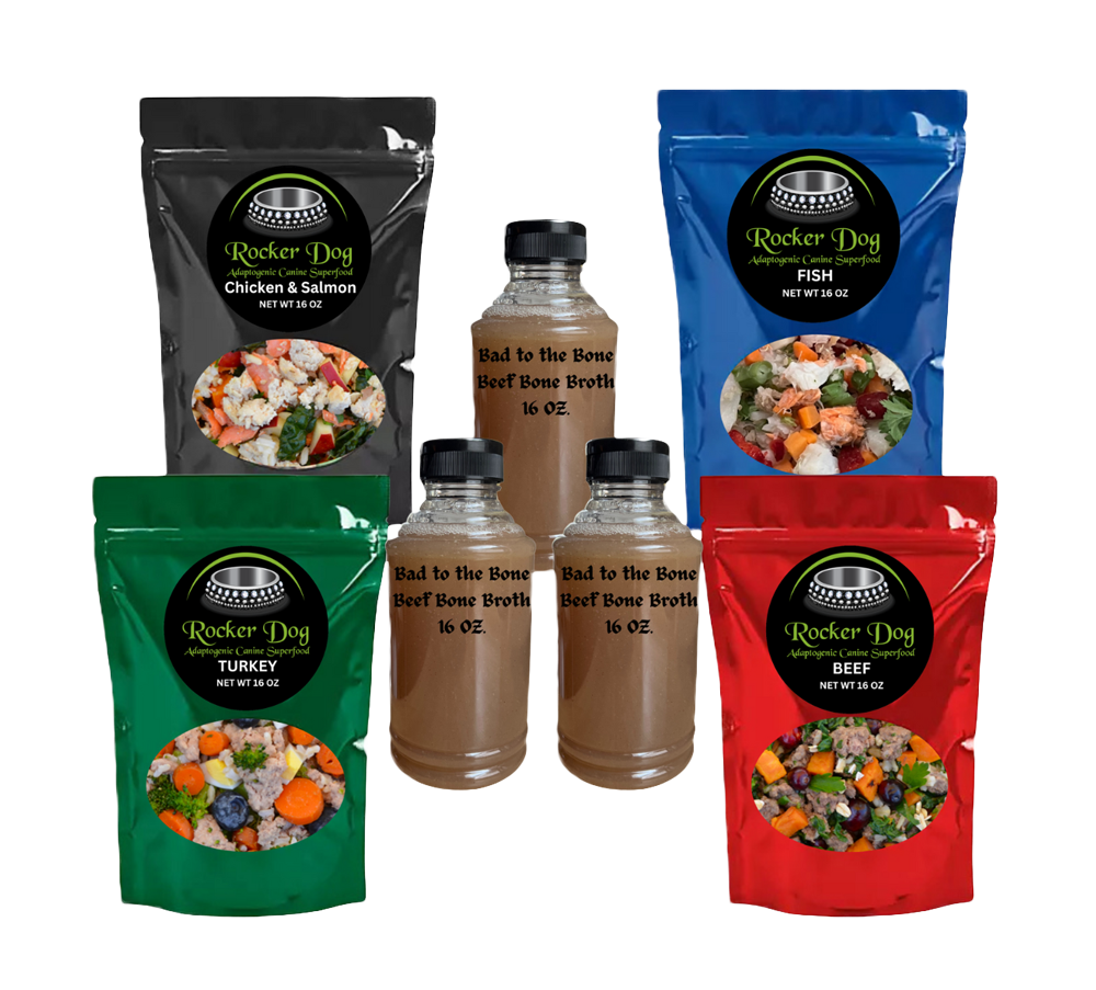 The Rocker Dog Variety Pack featuring four adaptogenic dog food recipes - Beef, Turkey, Chicken & Salmon, and Fish, plus three 16 oz. bottles of Bad to the Bone Beef Bone Broth.