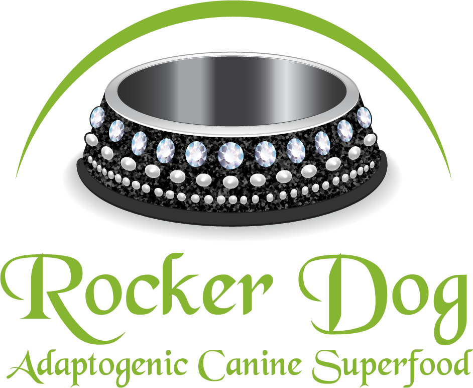 Rocker Dog Adaptogenic Canine Superfoods logo featuring a jeweled dog bowl with a green arc