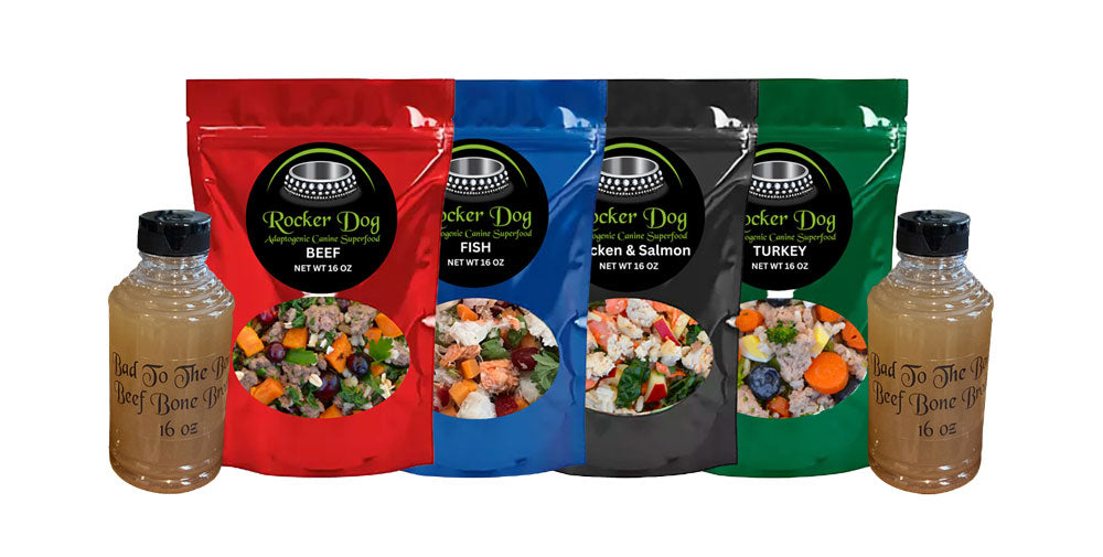 Variety pack of Rocker Dog's various dog food recipes and 2 bottles of beef bone broth.