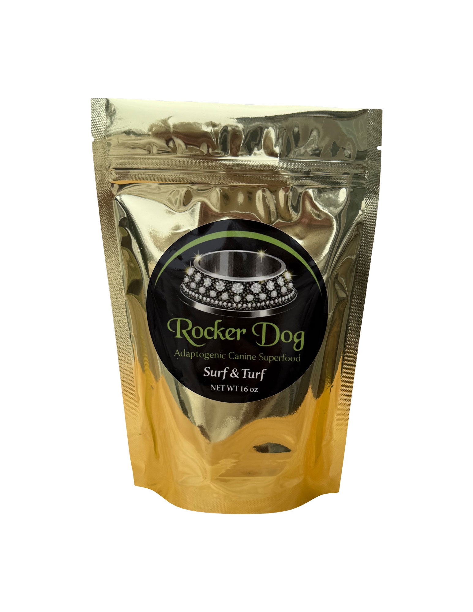 A gold 16 oz. resealable bag of Rocker Dog's Surf & Turf dog food which contains chunks of ground beef, organic sweet potatoes, organic parsley, and organic blackberries.