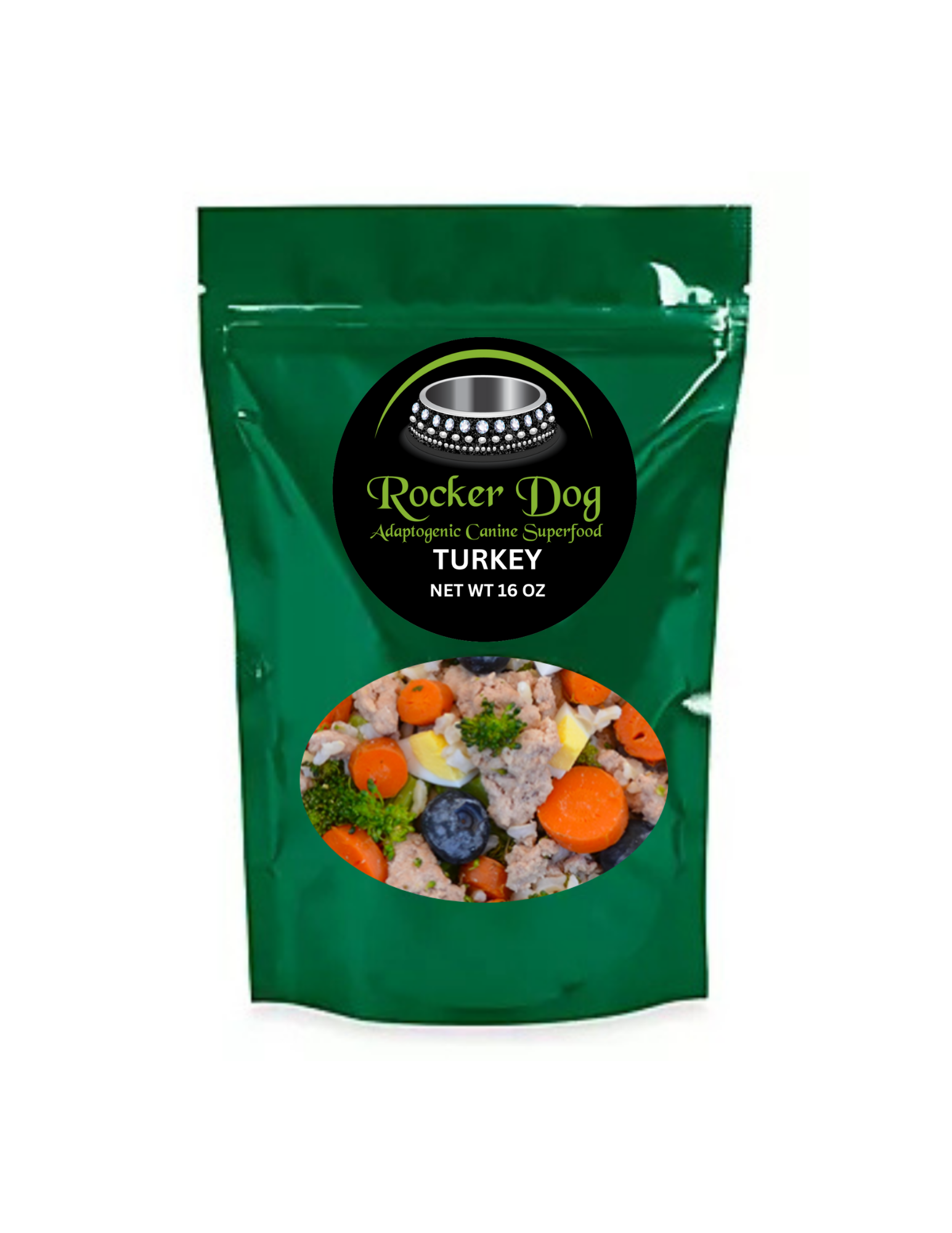 Front-facing image of Rocker Dog’s ABF Free Range Turkey dog food in a green pouch with visible whole ingredients like carrots and blueberries.