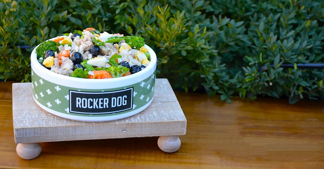 A bowl of Rocker Dog’s fresh dog food with visible vegetables, chunks of hard boiled-eggs, and ground protein