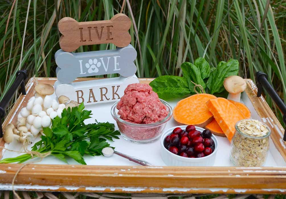 Display of all natural dog food ingredients including raw ground beef, sweet potatoes, spinach, parsley, cranberries, and oats - emphasizing high-quality ingredients