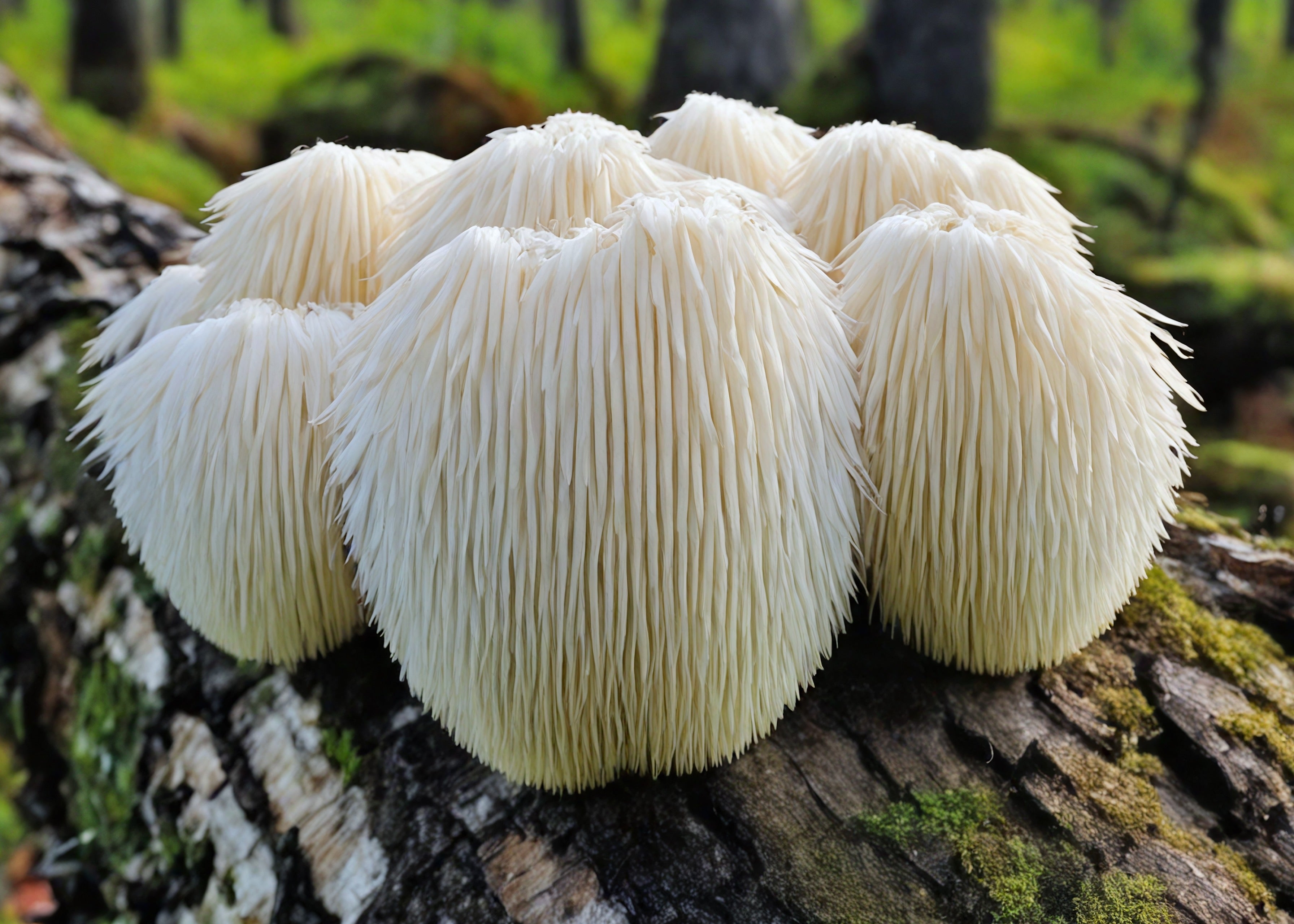 Lion's Mane mushroom growing on a mossy log in the forest - an adaptogenic superfood ingredient in Rocker Dog's beef bone broth for dogs, supporting immune and cognitive health.