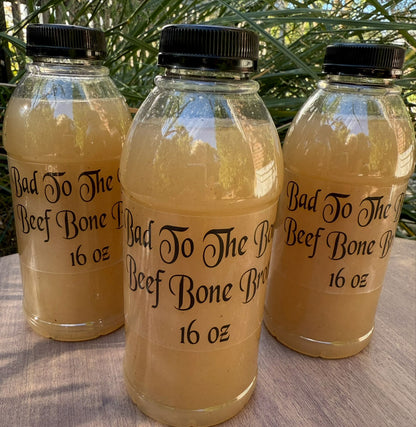 3 16oz. bottles of Rocker Dog's Bad to the Bone Beef Bone Broth