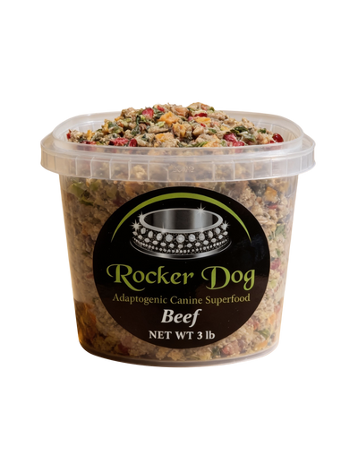 A clear 3 lb. tub of Rocker Dog's Beef dog food with visible chunks of ground beef, organic sweet potatoes, organic parsley, and organic cranberries.