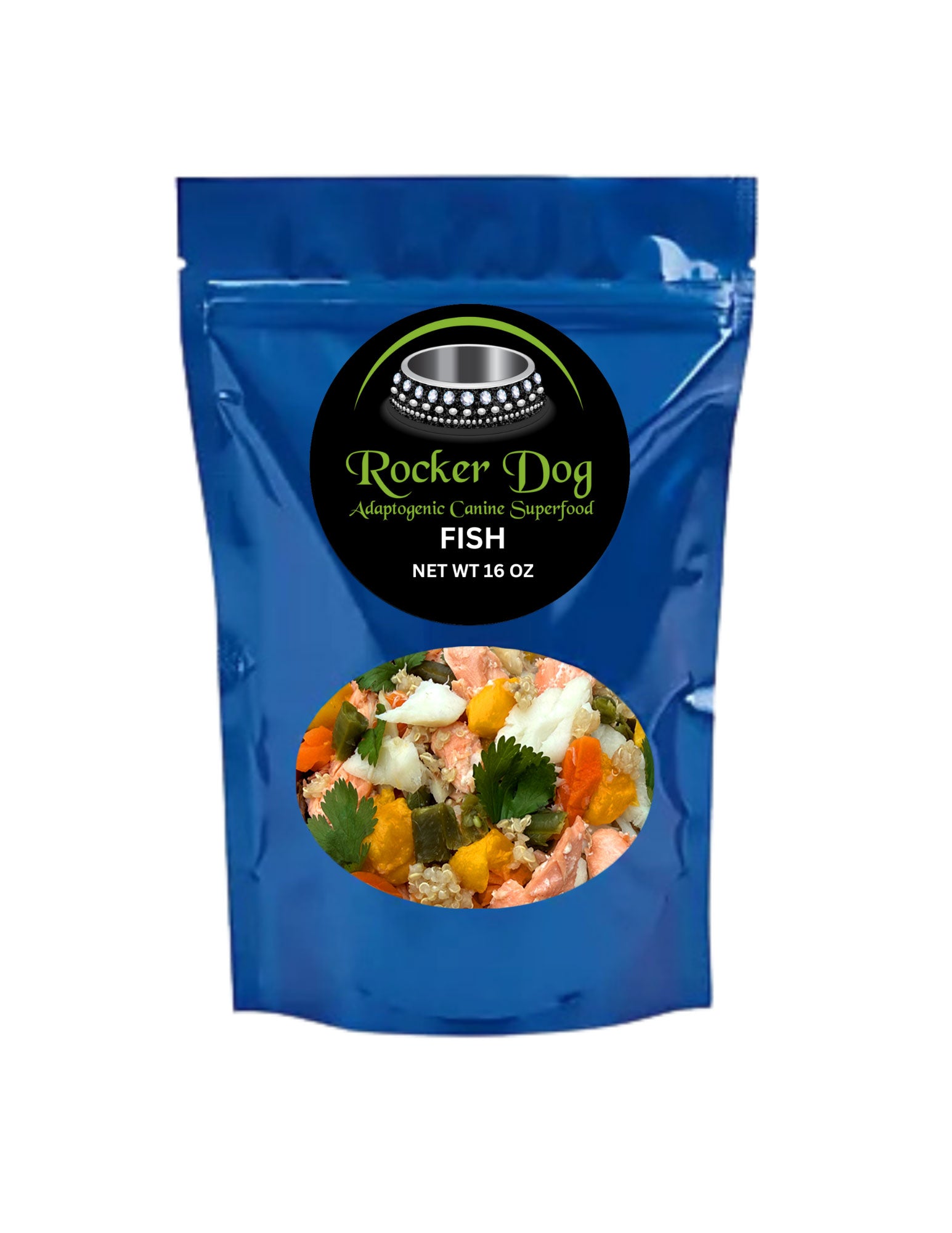 Front-facing image of Rocker Dog's 16 oz. Fish (Wild Caught Pollock & Salmon) fresh dog food bag, showcasing a gently cooked recipe with fresh and natural ingredients.