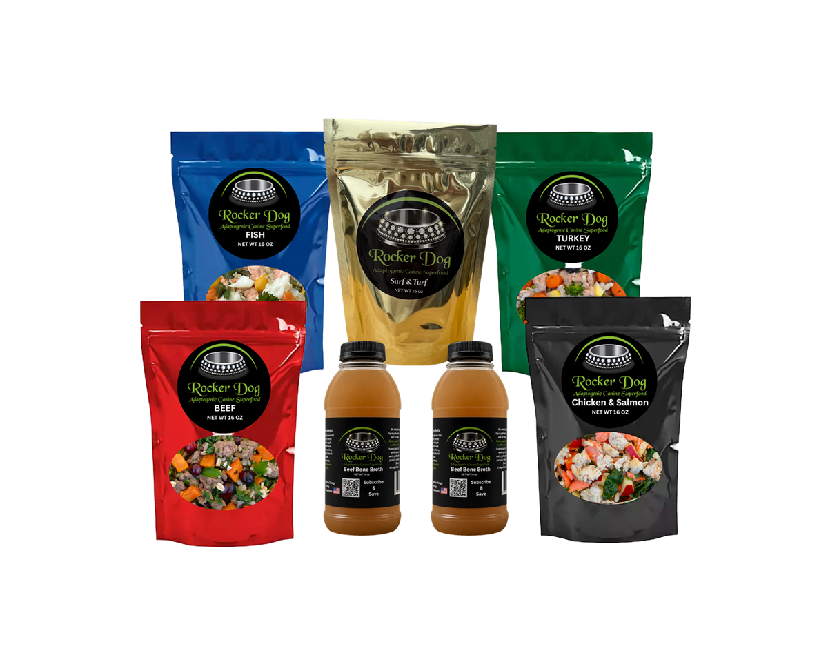 A Rocker Dog Variety Pack featuring five adaptogenic fresh dog food recipes - Beef, Turkey, Chicken & Salmon, Fish, and Surf & Turf, plus two 16 oz. bottles of Bad to the Bone Beef Bone Broth.