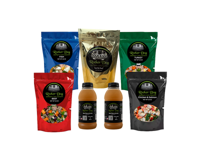 A Rocker Dog Variety Pack featuring five adaptogenic fresh dog food recipes - Beef, Turkey, Chicken & Salmon, Fish, and Surf & Turf, plus two 16 oz. bottles of Bad to the Bone Beef Bone Broth.