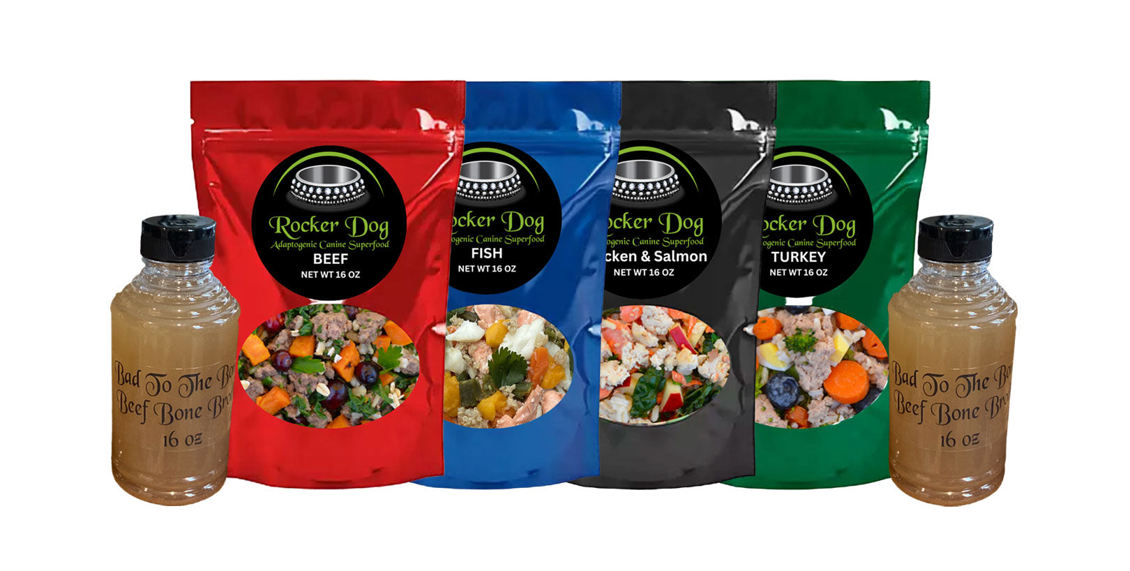 Variety pack of Rocker Dog's various dog food recipes and 2 bottles of beef bone broth.