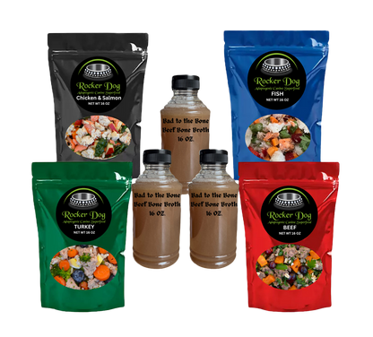 The Rocker Dog Variety Pack featuring four adaptogenic dog food recipes - Beef, Turkey, Chicken & Salmon, and Fish, plus three 16 oz. bottles of Bad to the Bone Beef Bone Broth.