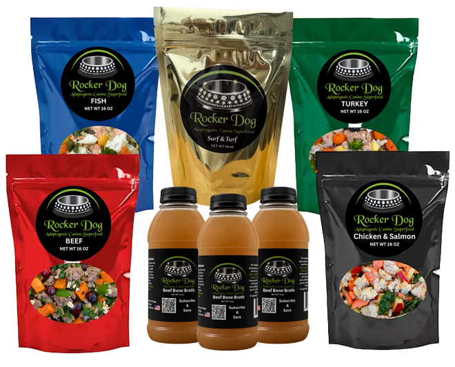 A Rocker Dog Variety Pack featuring five adaptogenic fresh dog food recipes - Beef, Turkey, Chicken & Salmon, Fish, and Surf & Turf, plus three 16 oz. bottles of Bad to the Bone Beef Bone Broth.