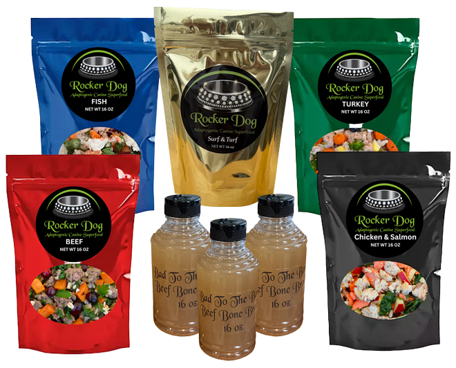A Rocker Dog Variety Pack featuring five adaptogenic fresh dog food recipes - Beef, Turkey, Chicken & Salmon, Fish, and Surf & Turf, plus three 16 oz. bottles of Bad to the Bone Beef Bone Broth.
